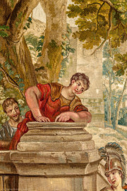 Schloss Bruchsal - Hauptbau / Corps de Logis - Von innen - Beletage - Thronsaal - Westwand, nördliche Seite - Ausschnitt aus der Tapisserie "Faustkampf des Knaben Eumenes" aus der siebenteiligen Folge "Berühmte Männer nach Plutarch" (Inv.Nr. G 164; Höhe x Breite: 382 cm x 231,5 cm; entstanden um 1735/1745 in der Werkstatt von Daniel und Urban Leyniers und Hendrik Reydams in Brüssel; Entwürfe von Victor Honoré Janssens ; restauriert 1965 und nach 2007) (aufgenommen im Januar 2021, um die Mittagszeit) Schloss Bruchsal - Hauptbau / Corps de Logis - Von innen - Beletage - Thronsaal - Westwand, nördliche Seite - Ausschnitt aus der Tapisserie "Faustkampf des Knaben Eumenes" aus der siebenteiligen Folge "Berühmte Männer nach Plutarch" (Inv.Nr. G 164; Höhe x Breite: 382 cm x 231,5 cm; entstanden um 1735/1745 in der Werkstatt von Daniel und Urban Leyniers und Hendrik Reydams in Brüssel; Entwürfe von Victor Honoré Janssens ; restauriert 1965 und nach 2007) (aufgenommen im Januar 2021, um die Mittagszeit)