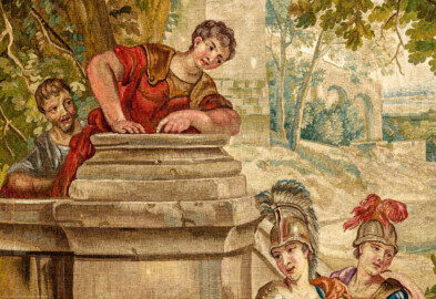 Schloss Bruchsal - Hauptbau / Corps de Logis - Von innen - Beletage - Thronsaal - Westwand, nördliche Seite - Ausschnitt aus der Tapisserie "Faustkampf des Knaben Eumenes" aus der siebenteiligen Folge "Berühmte Männer nach Plutarch" (Inv.Nr. G 164; Höhe x Breite: 382 cm x 231,5 cm; entstanden um 1735/1745 in der Werkstatt von Daniel und Urban Leyniers und Hendrik Reydams in Brüssel; Entwürfe von Victor Honoré Janssens ; restauriert 1965 und nach 2007) (aufgenommen im Januar 2021, um die Mittagszeit) Schloss Bruchsal - Hauptbau / Corps de Logis - Von innen - Beletage - Thronsaal - Westwand, nördliche Seite - Ausschnitt aus der Tapisserie "Faustkampf des Knaben Eumenes" aus der siebenteiligen Folge "Berühmte Männer nach Plutarch" (Inv.Nr. G 164; Höhe x Breite: 382 cm x 231,5 cm; entstanden um 1735/1745 in der Werkstatt von Daniel und Urban Leyniers und Hendrik Reydams in Brüssel; Entwürfe von Victor Honoré Janssens ; restauriert 1965 und nach 2007) (aufgenommen im Januar 2021, um die Mittagszeit)