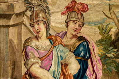 Schloss Bruchsal - Hauptbau / Corps de Logis - Von innen - Beletage - Thronsaal - Westwand, nördliche Seite - Ausschnitt aus der Tapisserie "Faustkampf des Knaben Eumenes" aus der siebenteiligen Folge "Berühmte Männer nach Plutarch" (Inv.Nr. G 164; Höhe x Breite: 382 cm x 231,5 cm; entstanden um 1735/1745 in der Werkstatt von Daniel und Urban Leyniers und Hendrik Reydams in Brüssel; Entwürfe von Victor Honoré Janssens ; restauriert 1965 und nach 2007) (aufgenommen im Januar 2021, um die Mittagszeit) Schloss Bruchsal - Hauptbau / Corps de Logis - Von innen - Beletage - Thronsaal - Westwand, nördliche Seite - Ausschnitt aus der Tapisserie "Faustkampf des Knaben Eumenes" aus der siebenteiligen Folge "Berühmte Männer nach Plutarch" (Inv.Nr. G 164; Höhe x Breite: 382 cm x 231,5 cm; entstanden um 1735/1745 in der Werkstatt von Daniel und Urban Leyniers und Hendrik Reydams in Brüssel; Entwürfe von Victor Honoré Janssens ; restauriert 1965 und nach 2007) (aufgenommen im Januar 2021, um die Mittagszeit)