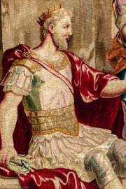 Schloss Bruchsal - Hauptbau / Corps de Logis - Von innen - Beletage - Thronsaal - Westwand, nördliche Seite - Ausschnitt aus der Tapisserie "Faustkampf des Knaben Eumenes" aus der siebenteiligen Folge "Berühmte Männer nach Plutarch" (Inv.Nr. G 164; Höhe x Breite: 382 cm x 231,5 cm; entstanden um 1735/1745 in der Werkstatt von Daniel und Urban Leyniers und Hendrik Reydams in Brüssel; Entwürfe von Victor Honoré Janssens ; restauriert 1965 und nach 2007) (aufgenommen im Januar 2021, um die Mittagszeit) Schloss Bruchsal - Hauptbau / Corps de Logis - Von innen - Beletage - Thronsaal - Westwand, nördliche Seite - Ausschnitt aus der Tapisserie "Faustkampf des Knaben Eumenes" aus der siebenteiligen Folge "Berühmte Männer nach Plutarch" (Inv.Nr. G 164; Höhe x Breite: 382 cm x 231,5 cm; entstanden um 1735/1745 in der Werkstatt von Daniel und Urban Leyniers und Hendrik Reydams in Brüssel; Entwürfe von Victor Honoré Janssens ; restauriert 1965 und nach 2007) (aufgenommen im Januar 2021, um die Mittagszeit)