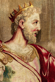 Schloss Bruchsal - Hauptbau / Corps de Logis - Von innen - Beletage - Thronsaal - Westwand, nördliche Seite - Ausschnitt aus der Tapisserie "Faustkampf des Knaben Eumenes" aus der siebenteiligen Folge "Berühmte Männer nach Plutarch" (Inv.Nr. G 164; Höhe x Breite: 382 cm x 231,5 cm; entstanden um 1735/1745 in der Werkstatt von Daniel und Urban Leyniers und Hendrik Reydams in Brüssel; Entwürfe von Victor Honoré Janssens ; restauriert 1965 und nach 2007) (aufgenommen im Januar 2021, um die Mittagszeit) Schloss Bruchsal - Hauptbau / Corps de Logis - Von innen - Beletage - Thronsaal - Westwand, nördliche Seite - Ausschnitt aus der Tapisserie "Faustkampf des Knaben Eumenes" aus der siebenteiligen Folge "Berühmte Männer nach Plutarch" (Inv.Nr. G 164; Höhe x Breite: 382 cm x 231,5 cm; entstanden um 1735/1745 in der Werkstatt von Daniel und Urban Leyniers und Hendrik Reydams in Brüssel; Entwürfe von Victor Honoré Janssens ; restauriert 1965 und nach 2007) (aufgenommen im Januar 2021, um die Mittagszeit)