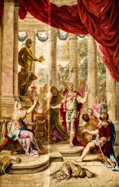 Schloss Bruchsal - Hauptbau / Corps de Logis - Von innen - Beletage - Thronsaal - Ostwand, nördliche Seite - Ausschnitt (ohne Bordüre) aus der Tapisserie "Timoleon beim Orakel von Delphi" aus der siebenteiligen Folge "Berühmte Männer nach Plutarch" (Inv.Nr. G 163; Höhe x Breite: 383 cm x 276,5 cm; entstanden um 1735/1745 in der Werkstatt von Daniel und Urban Leyniers und Hendrik Reydams in Brüssel; Entwürfe von Victor Honoré Janssens ; restauriert 1965 und nach 2007) (aufgenommen im Januar 2021, am frühen Nachmittag) Schloss Bruchsal - Hauptbau / Corps de Logis - Von innen - Beletage - Thronsaal - Ostwand, nördliche Seite - Ausschnitt (ohne Bordüre) aus der Tapisserie "Timoleon beim Orakel von Delphi" aus der siebenteiligen Folge "Berühmte Männer nach Plutarch" (Inv.Nr. G 163; Höhe x Breite: 383 cm x 276,5 cm; entstanden um 1735/1745 in der Werkstatt von Daniel und Urban Leyniers und Hendrik Reydams in Brüssel; Entwürfe von Victor Honoré Janssens ; restauriert 1965 und nach 2007) (aufgenommen im Januar 2021, am frühen Nachmittag)