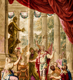 Schloss Bruchsal - Hauptbau / Corps de Logis - Von innen - Beletage - Thronsaal - Ostwand, nördliche Seite - Ausschnitt aus der Tapisserie "Timoleon beim Orakel von Delphi" aus der siebenteiligen Folge "Berühmte Männer nach Plutarch" (Inv.Nr. G 163; Höhe x Breite: 383 cm x 276,5 cm; entstanden um 1735/1745 in der Werkstatt von Daniel und Urban Leyniers und Hendrik Reydams in Brüssel; Entwürfe von Victor Honoré Janssens ; restauriert 1965 und nach 2007) (aufgenommen im Januar 2021, am frühen Nachmittag) Schloss Bruchsal - Hauptbau / Corps de Logis - Von innen - Beletage - Thronsaal - Ostwand, nördliche Seite - Ausschnitt aus der Tapisserie "Timoleon beim Orakel von Delphi" aus der siebenteiligen Folge "Berühmte Männer nach Plutarch" (Inv.Nr. G 163; Höhe x Breite: 383 cm x 276,5 cm; entstanden um 1735/1745 in der Werkstatt von Daniel und Urban Leyniers und Hendrik Reydams in Brüssel; Entwürfe von Victor Honoré Janssens ; restauriert 1965 und nach 2007) (aufgenommen im Januar 2021, am frühen Nachmittag)