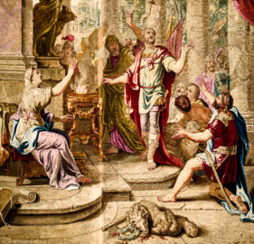 Schloss Bruchsal - Hauptbau / Corps de Logis - Von innen - Beletage - Thronsaal - Ostwand, nördliche Seite - Ausschnitt aus der Tapisserie "Timoleon beim Orakel von Delphi" aus der siebenteiligen Folge "Berühmte Männer nach Plutarch" (Inv.Nr. G 163; Höhe x Breite: 383 cm x 276,5 cm; entstanden um 1735/1745 in der Werkstatt von Daniel und Urban Leyniers und Hendrik Reydams in Brüssel; Entwürfe von Victor Honoré Janssens ; restauriert 1965 und nach 2007) (aufgenommen im Januar 2021, am frühen Nachmittag) Schloss Bruchsal - Hauptbau / Corps de Logis - Von innen - Beletage - Thronsaal - Ostwand, nördliche Seite - Ausschnitt aus der Tapisserie "Timoleon beim Orakel von Delphi" aus der siebenteiligen Folge "Berühmte Männer nach Plutarch" (Inv.Nr. G 163; Höhe x Breite: 383 cm x 276,5 cm; entstanden um 1735/1745 in der Werkstatt von Daniel und Urban Leyniers und Hendrik Reydams in Brüssel; Entwürfe von Victor Honoré Janssens ; restauriert 1965 und nach 2007) (aufgenommen im Januar 2021, am frühen Nachmittag)