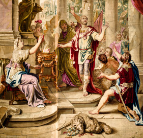 Schloss Bruchsal - Hauptbau / Corps de Logis - Von innen - Beletage - Thronsaal - Ostwand, nördliche Seite - Ausschnitt aus der Tapisserie "Timoleon beim Orakel von Delphi" aus der siebenteiligen Folge "Berühmte Männer nach Plutarch" (Inv.Nr. G 163; Höhe x Breite: 383 cm x 276,5 cm; entstanden um 1735/1745 in der Werkstatt von Daniel und Urban Leyniers und Hendrik Reydams in Brüssel; Entwürfe von Victor Honoré Janssens ; restauriert 1965 und nach 2007) (aufgenommen im Januar 2021, am frühen Nachmittag) Schloss Bruchsal - Hauptbau / Corps de Logis - Von innen - Beletage - Thronsaal - Ostwand, nördliche Seite - Ausschnitt aus der Tapisserie "Timoleon beim Orakel von Delphi" aus der siebenteiligen Folge "Berühmte Männer nach Plutarch" (Inv.Nr. G 163; Höhe x Breite: 383 cm x 276,5 cm; entstanden um 1735/1745 in der Werkstatt von Daniel und Urban Leyniers und Hendrik Reydams in Brüssel; Entwürfe von Victor Honoré Janssens ; restauriert 1965 und nach 2007) (aufgenommen im Januar 2021, am frühen Nachmittag)