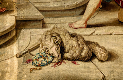 Schloss Bruchsal - Hauptbau / Corps de Logis - Von innen - Beletage - Thronsaal - Ostwand, nördliche Seite - Ausschnitt aus der Tapisserie "Timoleon beim Orakel von Delphi" aus der siebenteiligen Folge "Berühmte Männer nach Plutarch" (Inv.Nr. G 163; Höhe x Breite: 383 cm x 276,5 cm; entstanden um 1735/1745 in der Werkstatt von Daniel und Urban Leyniers und Hendrik Reydams in Brüssel; Entwürfe von Victor Honoré Janssens ; restauriert 1965 und nach 2007) (aufgenommen im Januar 2021, am frühen Nachmittag) Schloss Bruchsal - Hauptbau / Corps de Logis - Von innen - Beletage - Thronsaal - Ostwand, nördliche Seite - Ausschnitt aus der Tapisserie "Timoleon beim Orakel von Delphi" aus der siebenteiligen Folge "Berühmte Männer nach Plutarch" (Inv.Nr. G 163; Höhe x Breite: 383 cm x 276,5 cm; entstanden um 1735/1745 in der Werkstatt von Daniel und Urban Leyniers und Hendrik Reydams in Brüssel; Entwürfe von Victor Honoré Janssens ; restauriert 1965 und nach 2007) (aufgenommen im Januar 2021, am frühen Nachmittag)