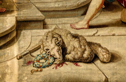 Schloss Bruchsal - Hauptbau / Corps de Logis - Von innen - Beletage - Thronsaal - Ostwand, nördliche Seite - Ausschnitt aus der Tapisserie "Timoleon beim Orakel von Delphi" aus der siebenteiligen Folge "Berühmte Männer nach Plutarch" (Inv.Nr. G 163; Höhe x Breite: 383 cm x 276,5 cm; entstanden um 1735/1745 in der Werkstatt von Daniel und Urban Leyniers und Hendrik Reydams in Brüssel; Entwürfe von Victor Honoré Janssens ; restauriert 1965 und nach 2007) (aufgenommen im Januar 2021, am frühen Nachmittag) Schloss Bruchsal - Hauptbau / Corps de Logis - Von innen - Beletage - Thronsaal - Ostwand, nördliche Seite - Ausschnitt aus der Tapisserie "Timoleon beim Orakel von Delphi" aus der siebenteiligen Folge "Berühmte Männer nach Plutarch" (Inv.Nr. G 163; Höhe x Breite: 383 cm x 276,5 cm; entstanden um 1735/1745 in der Werkstatt von Daniel und Urban Leyniers und Hendrik Reydams in Brüssel; Entwürfe von Victor Honoré Janssens ; restauriert 1965 und nach 2007) (aufgenommen im Januar 2021, am frühen Nachmittag)