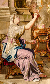 Schloss Bruchsal - Hauptbau / Corps de Logis - Von innen - Beletage - Thronsaal - Ostwand, nördliche Seite - Ausschnitt aus der Tapisserie "Timoleon beim Orakel von Delphi" aus der siebenteiligen Folge "Berühmte Männer nach Plutarch" (Inv.Nr. G 163; Höhe x Breite: 383 cm x 276,5 cm; entstanden um 1735/1745 in der Werkstatt von Daniel und Urban Leyniers und Hendrik Reydams in Brüssel; Entwürfe von Victor Honoré Janssens ; restauriert 1965 und nach 2007) (aufgenommen im Januar 2021, am Nachmittag) Schloss Bruchsal - Hauptbau / Corps de Logis - Von innen - Beletage - Thronsaal - Ostwand, nördliche Seite - Ausschnitt aus der Tapisserie "Timoleon beim Orakel von Delphi" aus der siebenteiligen Folge "Berühmte Männer nach Plutarch" (Inv.Nr. G 163; Höhe x Breite: 383 cm x 276,5 cm; entstanden um 1735/1745 in der Werkstatt von Daniel und Urban Leyniers und Hendrik Reydams in Brüssel; Entwürfe von Victor Honoré Janssens ; restauriert 1965 und nach 2007) (aufgenommen im Januar 2021, am Nachmittag)