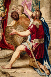 Schloss Bruchsal - Hauptbau / Corps de Logis - Von innen - Beletage - Thronsaal - Ostwand, nördliche Seite - Ausschnitt aus der Tapisserie "Timoleon beim Orakel von Delphi" aus der siebenteiligen Folge "Berühmte Männer nach Plutarch" (Inv.Nr. G 163; Höhe x Breite: 383 cm x 276,5 cm; entstanden um 1735/1745 in der Werkstatt von Daniel und Urban Leyniers und Hendrik Reydams in Brüssel; Entwürfe von Victor Honoré Janssens ; restauriert 1965 und nach 2007) (aufgenommen im Januar 2021, am Nachmittag) Schloss Bruchsal - Hauptbau / Corps de Logis - Von innen - Beletage - Thronsaal - Ostwand, nördliche Seite - Ausschnitt aus der Tapisserie "Timoleon beim Orakel von Delphi" aus der siebenteiligen Folge "Berühmte Männer nach Plutarch" (Inv.Nr. G 163; Höhe x Breite: 383 cm x 276,5 cm; entstanden um 1735/1745 in der Werkstatt von Daniel und Urban Leyniers und Hendrik Reydams in Brüssel; Entwürfe von Victor Honoré Janssens ; restauriert 1965 und nach 2007) (aufgenommen im Januar 2021, am Nachmittag)