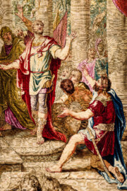 Schloss Bruchsal - Hauptbau / Corps de Logis - Von innen - Beletage - Thronsaal - Ostwand, nördliche Seite - Ausschnitt aus der Tapisserie "Timoleon beim Orakel von Delphi" aus der siebenteiligen Folge "Berühmte Männer nach Plutarch" (Inv.Nr. G 163; Höhe x Breite: 383 cm x 276,5 cm; entstanden um 1735/1745 in der Werkstatt von Daniel und Urban Leyniers und Hendrik Reydams in Brüssel; Entwürfe von Victor Honoré Janssens ; restauriert 1965 und nach 2007) (aufgenommen im Januar 2021, am Nachmittag) Schloss Bruchsal - Hauptbau / Corps de Logis - Von innen - Beletage - Thronsaal - Ostwand, nördliche Seite - Ausschnitt aus der Tapisserie "Timoleon beim Orakel von Delphi" aus der siebenteiligen Folge "Berühmte Männer nach Plutarch" (Inv.Nr. G 163; Höhe x Breite: 383 cm x 276,5 cm; entstanden um 1735/1745 in der Werkstatt von Daniel und Urban Leyniers und Hendrik Reydams in Brüssel; Entwürfe von Victor Honoré Janssens ; restauriert 1965 und nach 2007) (aufgenommen im Januar 2021, am Nachmittag)