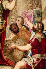 Schloss Bruchsal - Hauptbau / Corps de Logis - Von innen - Beletage - Thronsaal - Ostwand, nördliche Seite - Ausschnitt aus der Tapisserie "Timoleon beim Orakel von Delphi" aus der siebenteiligen Folge "Berühmte Männer nach Plutarch" (Inv.Nr. G 163; Höhe x Breite: 383 cm x 276,5 cm; entstanden um 1735/1745 in der Werkstatt von Daniel und Urban Leyniers und Hendrik Reydams in Brüssel; Entwürfe von Victor Honoré Janssens ; restauriert 1965 und nach 2007) (aufgenommen im Januar 2021, am Nachmittag) Schloss Bruchsal - Hauptbau / Corps de Logis - Von innen - Beletage - Thronsaal - Ostwand, nördliche Seite - Ausschnitt aus der Tapisserie "Timoleon beim Orakel von Delphi" aus der siebenteiligen Folge "Berühmte Männer nach Plutarch" (Inv.Nr. G 163; Höhe x Breite: 383 cm x 276,5 cm; entstanden um 1735/1745 in der Werkstatt von Daniel und Urban Leyniers und Hendrik Reydams in Brüssel; Entwürfe von Victor Honoré Janssens ; restauriert 1965 und nach 2007) (aufgenommen im Januar 2021, am Nachmittag)