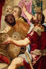 Schloss Bruchsal - Hauptbau / Corps de Logis - Von innen - Beletage - Thronsaal - Ostwand, nördliche Seite - Ausschnitt aus der Tapisserie "Timoleon beim Orakel von Delphi" aus der siebenteiligen Folge "Berühmte Männer nach Plutarch" (Inv.Nr. G 163; Höhe x Breite: 383 cm x 276,5 cm; entstanden um 1735/1745 in der Werkstatt von Daniel und Urban Leyniers und Hendrik Reydams in Brüssel; Entwürfe von Victor Honoré Janssens ; restauriert 1965 und nach 2007) (aufgenommen im Januar 2021, am Nachmittag) Schloss Bruchsal - Hauptbau / Corps de Logis - Von innen - Beletage - Thronsaal - Ostwand, nördliche Seite - Ausschnitt aus der Tapisserie "Timoleon beim Orakel von Delphi" aus der siebenteiligen Folge "Berühmte Männer nach Plutarch" (Inv.Nr. G 163; Höhe x Breite: 383 cm x 276,5 cm; entstanden um 1735/1745 in der Werkstatt von Daniel und Urban Leyniers und Hendrik Reydams in Brüssel; Entwürfe von Victor Honoré Janssens ; restauriert 1965 und nach 2007) (aufgenommen im Januar 2021, am Nachmittag)