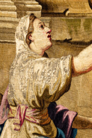 Schloss Bruchsal - Hauptbau / Corps de Logis - Von innen - Beletage - Thronsaal - Ostwand, nördliche Seite - Ausschnitt aus der Tapisserie "Timoleon beim Orakel von Delphi" aus der siebenteiligen Folge "Berühmte Männer nach Plutarch" (Inv.Nr. G 163; Höhe x Breite: 383 cm x 276,5 cm; entstanden um 1735/1745 in der Werkstatt von Daniel und Urban Leyniers und Hendrik Reydams in Brüssel; Entwürfe von Victor Honoré Janssens ; restauriert 1965 und nach 2007) (aufgenommen im Januar 2021, am Nachmittag) Schloss Bruchsal - Hauptbau / Corps de Logis - Von innen - Beletage - Thronsaal - Ostwand, nördliche Seite - Ausschnitt aus der Tapisserie "Timoleon beim Orakel von Delphi" aus der siebenteiligen Folge "Berühmte Männer nach Plutarch" (Inv.Nr. G 163; Höhe x Breite: 383 cm x 276,5 cm; entstanden um 1735/1745 in der Werkstatt von Daniel und Urban Leyniers und Hendrik Reydams in Brüssel; Entwürfe von Victor Honoré Janssens ; restauriert 1965 und nach 2007) (aufgenommen im Januar 2021, am Nachmittag)