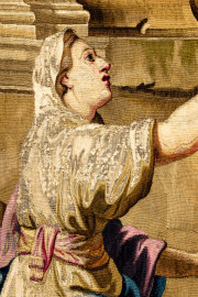 Schloss Bruchsal - Hauptbau / Corps de Logis - Von innen - Beletage - Thronsaal - Ostwand, nördliche Seite - Ausschnitt aus der Tapisserie "Timoleon beim Orakel von Delphi" aus der siebenteiligen Folge "Berühmte Männer nach Plutarch" (Inv.Nr. G 163; Höhe x Breite: 383 cm x 276,5 cm; entstanden um 1735/1745 in der Werkstatt von Daniel und Urban Leyniers und Hendrik Reydams in Brüssel; Entwürfe von Victor Honoré Janssens ; restauriert 1965 und nach 2007) (aufgenommen im Januar 2021, am Nachmittag) Schloss Bruchsal - Hauptbau / Corps de Logis - Von innen - Beletage - Thronsaal - Ostwand, nördliche Seite - Ausschnitt aus der Tapisserie "Timoleon beim Orakel von Delphi" aus der siebenteiligen Folge "Berühmte Männer nach Plutarch" (Inv.Nr. G 163; Höhe x Breite: 383 cm x 276,5 cm; entstanden um 1735/1745 in der Werkstatt von Daniel und Urban Leyniers und Hendrik Reydams in Brüssel; Entwürfe von Victor Honoré Janssens ; restauriert 1965 und nach 2007) (aufgenommen im Januar 2021, am Nachmittag)