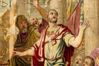 Schloss Bruchsal - Hauptbau / Corps de Logis - Von innen - Beletage - Thronsaal - Ostwand, nördliche Seite - Ausschnitt aus der Tapisserie "Timoleon beim Orakel von Delphi" aus der siebenteiligen Folge "Berühmte Männer nach Plutarch" (Inv.Nr. G 163; Höhe x Breite: 383 cm x 276,5 cm; entstanden um 1735/1745 in der Werkstatt von Daniel und Urban Leyniers und Hendrik Reydams in Brüssel; Entwürfe von Victor Honoré Janssens ; restauriert 1965 und nach 2007) (aufgenommen im Januar 2021, am Nachmittag) Schloss Bruchsal - Hauptbau / Corps de Logis - Von innen - Beletage - Thronsaal - Ostwand, nördliche Seite - Ausschnitt aus der Tapisserie "Timoleon beim Orakel von Delphi" aus der siebenteiligen Folge "Berühmte Männer nach Plutarch" (Inv.Nr. G 163; Höhe x Breite: 383 cm x 276,5 cm; entstanden um 1735/1745 in der Werkstatt von Daniel und Urban Leyniers und Hendrik Reydams in Brüssel; Entwürfe von Victor Honoré Janssens ; restauriert 1965 und nach 2007) (aufgenommen im Januar 2021, am Nachmittag)