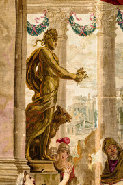 Schloss Bruchsal - Hauptbau / Corps de Logis - Von innen - Beletage - Thronsaal - Ostwand, nördliche Seite - Ausschnitt aus der Tapisserie "Timoleon beim Orakel von Delphi" aus der siebenteiligen Folge "Berühmte Männer nach Plutarch" (Inv.Nr. G 163; Höhe x Breite: 383 cm x 276,5 cm; entstanden um 1735/1745 in der Werkstatt von Daniel und Urban Leyniers und Hendrik Reydams in Brüssel; Entwürfe von Victor Honoré Janssens ; restauriert 1965 und nach 2007) (aufgenommen im Januar 2021, am Nachmittag) Schloss Bruchsal - Hauptbau / Corps de Logis - Von innen - Beletage - Thronsaal - Ostwand, nördliche Seite - Ausschnitt aus der Tapisserie "Timoleon beim Orakel von Delphi" aus der siebenteiligen Folge "Berühmte Männer nach Plutarch" (Inv.Nr. G 163; Höhe x Breite: 383 cm x 276,5 cm; entstanden um 1735/1745 in der Werkstatt von Daniel und Urban Leyniers und Hendrik Reydams in Brüssel; Entwürfe von Victor Honoré Janssens ; restauriert 1965 und nach 2007) (aufgenommen im Januar 2021, am Nachmittag)