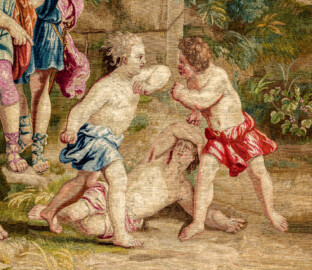 Schloss Bruchsal - Hauptbau / Corps de Logis - Von innen - Beletage - Thronsaal - Westwand, nördliche Seite - Ausschnitt aus der Tapisserie "Faustkampf des Knaben Eumenes" aus der siebenteiligen Folge "Berühmte Männer nach Plutarch" (Inv.Nr. G 164; Höhe x Breite: 382 cm x 231,5 cm; entstanden um 1735/1745 in der Werkstatt von Daniel und Urban Leyniers und Hendrik Reydams in Brüssel; Entwürfe von Victor Honoré Janssens ; restauriert 1965 und nach 2007) (aufgenommen im Februar 2021, am späten Vormittag) Schloss Bruchsal - Hauptbau / Corps de Logis - Von innen - Beletage - Thronsaal - Westwand, nördliche Seite - Ausschnitt aus der Tapisserie "Faustkampf des Knaben Eumenes" aus der siebenteiligen Folge "Berühmte Männer nach Plutarch" (Inv.Nr. G 164; Höhe x Breite: 382 cm x 231,5 cm; entstanden um 1735/1745 in der Werkstatt von Daniel und Urban Leyniers und Hendrik Reydams in Brüssel; Entwürfe von Victor Honoré Janssens ; restauriert 1965 und nach 2007) (aufgenommen im Februar 2021, am späten Vormittag)