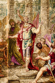 Schloss Bruchsal - Hauptbau / Corps de Logis - Von innen - Beletage - Thronsaal - Ostwand, nördliche Seite - Ausschnitt aus der Tapisserie "Timoleon beim Orakel von Delphi" aus der siebenteiligen Folge "Berühmte Männer nach Plutarch" (Inv.Nr. G 163; Höhe x Breite: 383 cm x 276,5 cm; entstanden um 1735/1745 in der Werkstatt von Daniel und Urban Leyniers und Hendrik Reydams in Brüssel; Entwürfe von Victor Honoré Janssens ; restauriert 1965 und nach 2007) (aufgenommen im Februar 2021, am späten Vormittag) Schloss Bruchsal - Hauptbau / Corps de Logis - Von innen - Beletage - Thronsaal - Ostwand, nördliche Seite - Ausschnitt aus der Tapisserie "Timoleon beim Orakel von Delphi" aus der siebenteiligen Folge "Berühmte Männer nach Plutarch" (Inv.Nr. G 163; Höhe x Breite: 383 cm x 276,5 cm; entstanden um 1735/1745 in der Werkstatt von Daniel und Urban Leyniers und Hendrik Reydams in Brüssel; Entwürfe von Victor Honoré Janssens ; restauriert 1965 und nach 2007) (aufgenommen im Februar 2021, am späten Vormittag)