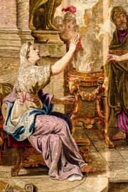 Schloss Bruchsal - Hauptbau / Corps de Logis - Von innen - Beletage - Thronsaal - Ostwand, nördliche Seite - Ausschnitt aus der Tapisserie "Timoleon beim Orakel von Delphi" aus der siebenteiligen Folge "Berühmte Männer nach Plutarch" (Inv.Nr. G 163; Höhe x Breite: 383 cm x 276,5 cm; entstanden um 1735/1745 in der Werkstatt von Daniel und Urban Leyniers und Hendrik Reydams in Brüssel; Entwürfe von Victor Honoré Janssens ; restauriert 1965 und nach 2007) (aufgenommen im Februar 2021, am späten Vormittag) Schloss Bruchsal - Hauptbau / Corps de Logis - Von innen - Beletage - Thronsaal - Ostwand, nördliche Seite - Ausschnitt aus der Tapisserie "Timoleon beim Orakel von Delphi" aus der siebenteiligen Folge "Berühmte Männer nach Plutarch" (Inv.Nr. G 163; Höhe x Breite: 383 cm x 276,5 cm; entstanden um 1735/1745 in der Werkstatt von Daniel und Urban Leyniers und Hendrik Reydams in Brüssel; Entwürfe von Victor Honoré Janssens ; restauriert 1965 und nach 2007) (aufgenommen im Februar 2021, am späten Vormittag)