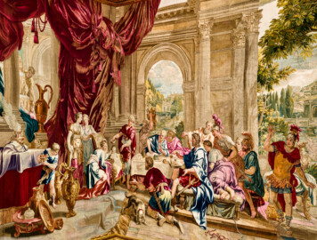 Schloss Bruchsal - Hauptbau / Corps de Logis - Von innen - Beletage - Thronsaal - Ecke Ost- und Südwand - Blick auf einen Ausschnitt der um die Saalecke herumgeführten Tapisserie "Fest des Lykurg" aus der siebenteiligen Folge "Berühmte Männer nach Plutarch" (Inv.Nr. G 166; Höhe x Breite: 383 cm x 618 cm; entstanden um 1735/1745 in der Werkstatt von Daniel und Urban Leyniers und Hendrik Reydams in Brüssel; Entwürfe von Victor Honoré Janssens ; restauriert 1966 und nach 2007) (aufgenommen im Februar 2021, um die Mittagszeit) Schloss Bruchsal - Hauptbau / Corps de Logis - Von innen - Beletage - Thronsaal - Ecke Ost- und Südwand - Blick auf einen Ausschnitt der um die Saalecke herumgeführten Tapisserie "Fest des Lykurg" aus der siebenteiligen Folge "Berühmte Männer nach Plutarch" (Inv.Nr. G 166; Höhe x Breite: 383 cm x 618 cm; entstanden um 1735/1745 in der Werkstatt von Daniel und Urban Leyniers und Hendrik Reydams in Brüssel; Entwürfe von Victor Honoré Janssens ; restauriert 1966 und nach 2007) (aufgenommen im Februar 2021, um die Mittagszeit)