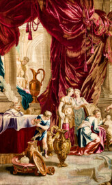 Schloss Bruchsal - Hauptbau / Corps de Logis - Von innen - Beletage - Thronsaal - Ostwand, südliche Seite - Blick auf einen Ausschnitt der Tapisserie "Fest des Lykurg" aus der siebenteiligen Folge "Berühmte Männer nach Plutarch" (Inv.Nr. G 166; Höhe x Breite: 383 cm x 618 cm; entstanden um 1735/1745 in der Werkstatt von Daniel und Urban Leyniers und Hendrik Reydams in Brüssel; Entwürfe von Victor Honoré Janssens ; restauriert 1966 und nach 2007) (aufgenommen im Februar 2021, am frühen Nachmittag) Schloss Bruchsal - Hauptbau / Corps de Logis - Von innen - Beletage - Thronsaal - Ostwand, südliche Seite - Blick auf einen Ausschnitt der Tapisserie "Fest des Lykurg" aus der siebenteiligen Folge "Berühmte Männer nach Plutarch" (Inv.Nr. G 166; Höhe x Breite: 383 cm x 618 cm; entstanden um 1735/1745 in der Werkstatt von Daniel und Urban Leyniers und Hendrik Reydams in Brüssel; Entwürfe von Victor Honoré Janssens ; restauriert 1966 und nach 2007) (aufgenommen im Februar 2021, am frühen Nachmittag)