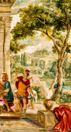 Schloss Bruchsal - Hauptbau / Corps de Logis - Von innen - Beletage - Thronsaal - Südwand, östliche Seite - Blick auf einen Ausschnitt der Tapisserie "Fest des Lykurg" aus der siebenteiligen Folge "Berühmte Männer nach Plutarch" (Inv.Nr. G 166; Höhe x Breite: 383 cm x 618 cm; entstanden um 1735/1745 in der Werkstatt von Daniel und Urban Leyniers und Hendrik Reydams in Brüssel; Entwürfe von Victor Honoré Janssens ; restauriert 1966 und nach 2007) (aufgenommen im Februar 2021, am frühen Nachmittag) Schloss Bruchsal - Hauptbau / Corps de Logis - Von innen - Beletage - Thronsaal - Südwand, östliche Seite - Blick auf einen Ausschnitt der Tapisserie "Fest des Lykurg" aus der siebenteiligen Folge "Berühmte Männer nach Plutarch" (Inv.Nr. G 166; Höhe x Breite: 383 cm x 618 cm; entstanden um 1735/1745 in der Werkstatt von Daniel und Urban Leyniers und Hendrik Reydams in Brüssel; Entwürfe von Victor Honoré Janssens ; restauriert 1966 und nach 2007) (aufgenommen im Februar 2021, am frühen Nachmittag)