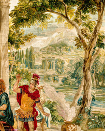 Schloss Bruchsal - Hauptbau / Corps de Logis - Von innen - Beletage - Thronsaal - Südwand, östliche Seite - Blick auf einen Ausschnitt der Tapisserie "Fest des Lykurg" aus der siebenteiligen Folge "Berühmte Männer nach Plutarch" (Inv.Nr. G 166; Höhe x Breite: 383 cm x 618 cm; entstanden um 1735/1745 in der Werkstatt von Daniel und Urban Leyniers und Hendrik Reydams in Brüssel; Entwürfe von Victor Honoré Janssens ; restauriert 1966 und nach 2007) (aufgenommen im Februar 2021, am frühen Nachmittag) Schloss Bruchsal - Hauptbau / Corps de Logis - Von innen - Beletage - Thronsaal - Südwand, östliche Seite - Blick auf einen Ausschnitt der Tapisserie "Fest des Lykurg" aus der siebenteiligen Folge "Berühmte Männer nach Plutarch" (Inv.Nr. G 166; Höhe x Breite: 383 cm x 618 cm; entstanden um 1735/1745 in der Werkstatt von Daniel und Urban Leyniers und Hendrik Reydams in Brüssel; Entwürfe von Victor Honoré Janssens ; restauriert 1966 und nach 2007) (aufgenommen im Februar 2021, am frühen Nachmittag)