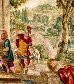 Schloss Bruchsal - Hauptbau / Corps de Logis - Von innen - Beletage - Thronsaal - Südwand, östliche Seite - Blick auf einen Ausschnitt der Tapisserie "Fest des Lykurg" aus der siebenteiligen Folge "Berühmte Männer nach Plutarch" (Inv.Nr. G 166; Höhe x Breite: 383 cm x 618 cm; entstanden um 1735/1745 in der Werkstatt von Daniel und Urban Leyniers und Hendrik Reydams in Brüssel; Entwürfe von Victor Honoré Janssens ; restauriert 1966 und nach 2007) (aufgenommen im Februar 2021, am Nachmittag) Schloss Bruchsal - Hauptbau / Corps de Logis - Von innen - Beletage - Thronsaal - Südwand, östliche Seite - Blick auf einen Ausschnitt der Tapisserie "Fest des Lykurg" aus der siebenteiligen Folge "Berühmte Männer nach Plutarch" (Inv.Nr. G 166; Höhe x Breite: 383 cm x 618 cm; entstanden um 1735/1745 in der Werkstatt von Daniel und Urban Leyniers und Hendrik Reydams in Brüssel; Entwürfe von Victor Honoré Janssens ; restauriert 1966 und nach 2007) (aufgenommen im Februar 2021, am Nachmittag)