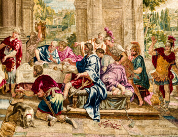 Schloss Bruchsal - Hauptbau / Corps de Logis - Von innen - Beletage - Thronsaal - Südwand, östliche Seite - Blick auf einen Ausschnitt der Tapisserie "Fest des Lykurg" aus der siebenteiligen Folge "Berühmte Männer nach Plutarch" (Inv.Nr. G 166; Höhe x Breite: 383 cm x 618 cm; entstanden um 1735/1745 in der Werkstatt von Daniel und Urban Leyniers und Hendrik Reydams in Brüssel; Entwürfe von Victor Honoré Janssens ; restauriert 1966 und nach 2007) (aufgenommen im Februar 2021, am Nachmittag) Schloss Bruchsal - Hauptbau / Corps de Logis - Von innen - Beletage - Thronsaal - Südwand, östliche Seite - Blick auf einen Ausschnitt der Tapisserie "Fest des Lykurg" aus der siebenteiligen Folge "Berühmte Männer nach Plutarch" (Inv.Nr. G 166; Höhe x Breite: 383 cm x 618 cm; entstanden um 1735/1745 in der Werkstatt von Daniel und Urban Leyniers und Hendrik Reydams in Brüssel; Entwürfe von Victor Honoré Janssens ; restauriert 1966 und nach 2007) (aufgenommen im Februar 2021, am Nachmittag)