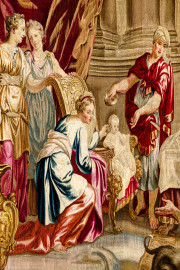 Schloss Bruchsal - Hauptbau / Corps de Logis - Von innen - Beletage - Thronsaal - Ecke Ost- und Südwand - Blick auf einen Ausschnitt der um die Saalecke herumgeführten Tapisserie "Fest des Lykurg" aus der siebenteiligen Folge "Berühmte Männer nach Plutarch" (Inv.Nr. G 166; Höhe x Breite: 383 cm x 618 cm; entstanden um 1735/1745 in der Werkstatt von Daniel und Urban Leyniers und Hendrik Reydams in Brüssel; Entwürfe von Victor Honoré Janssens ; restauriert 1966 und nach 2007) (aufgenommen im Februar 2021, am Nachmittag) Schloss Bruchsal - Hauptbau / Corps de Logis - Von innen - Beletage - Thronsaal - Ecke Ost- und Südwand - Blick auf einen Ausschnitt der um die Saalecke herumgeführten Tapisserie "Fest des Lykurg" aus der siebenteiligen Folge "Berühmte Männer nach Plutarch" (Inv.Nr. G 166; Höhe x Breite: 383 cm x 618 cm; entstanden um 1735/1745 in der Werkstatt von Daniel und Urban Leyniers und Hendrik Reydams in Brüssel; Entwürfe von Victor Honoré Janssens ; restauriert 1966 und nach 2007) (aufgenommen im Februar 2021, am Nachmittag)