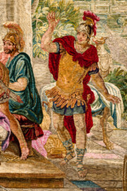 Schloss Bruchsal - Hauptbau / Corps de Logis - Von innen - Beletage - Thronsaal - Südwand, östliche Seite - Blick auf einen Ausschnitt der Tapisserie "Fest des Lykurg" aus der siebenteiligen Folge "Berühmte Männer nach Plutarch" (Inv.Nr. G 166; Höhe x Breite: 383 cm x 618 cm; entstanden um 1735/1745 in der Werkstatt von Daniel und Urban Leyniers und Hendrik Reydams in Brüssel; Entwürfe von Victor Honoré Janssens ; restauriert 1966 und nach 2007) (aufgenommen im Februar 2021, am Nachmittag) Schloss Bruchsal - Hauptbau / Corps de Logis - Von innen - Beletage - Thronsaal - Südwand, östliche Seite - Blick auf einen Ausschnitt der Tapisserie "Fest des Lykurg" aus der siebenteiligen Folge "Berühmte Männer nach Plutarch" (Inv.Nr. G 166; Höhe x Breite: 383 cm x 618 cm; entstanden um 1735/1745 in der Werkstatt von Daniel und Urban Leyniers und Hendrik Reydams in Brüssel; Entwürfe von Victor Honoré Janssens ; restauriert 1966 und nach 2007) (aufgenommen im Februar 2021, am Nachmittag)