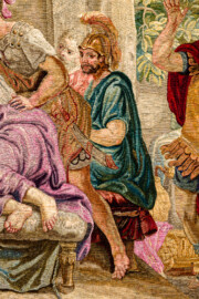 Schloss Bruchsal - Hauptbau / Corps de Logis - Von innen - Beletage - Thronsaal - Südwand, östliche Seite - Blick auf einen Ausschnitt der Tapisserie "Fest des Lykurg" aus der siebenteiligen Folge "Berühmte Männer nach Plutarch" (Inv.Nr. G 166; Höhe x Breite: 383 cm x 618 cm; entstanden um 1735/1745 in der Werkstatt von Daniel und Urban Leyniers und Hendrik Reydams in Brüssel; Entwürfe von Victor Honoré Janssens ; restauriert 1966 und nach 2007) (aufgenommen im Februar 2021, am Nachmittag) Schloss Bruchsal - Hauptbau / Corps de Logis - Von innen - Beletage - Thronsaal - Südwand, östliche Seite - Blick auf einen Ausschnitt der Tapisserie "Fest des Lykurg" aus der siebenteiligen Folge "Berühmte Männer nach Plutarch" (Inv.Nr. G 166; Höhe x Breite: 383 cm x 618 cm; entstanden um 1735/1745 in der Werkstatt von Daniel und Urban Leyniers und Hendrik Reydams in Brüssel; Entwürfe von Victor Honoré Janssens ; restauriert 1966 und nach 2007) (aufgenommen im Februar 2021, am Nachmittag)