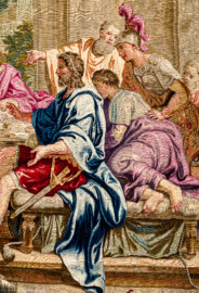 Schloss Bruchsal - Hauptbau / Corps de Logis - Von innen - Beletage - Thronsaal - Südwand, östliche Seite - Blick auf einen Ausschnitt der Tapisserie "Fest des Lykurg" aus der siebenteiligen Folge "Berühmte Männer nach Plutarch" (Inv.Nr. G 166; Höhe x Breite: 383 cm x 618 cm; entstanden um 1735/1745 in der Werkstatt von Daniel und Urban Leyniers und Hendrik Reydams in Brüssel; Entwürfe von Victor Honoré Janssens ; restauriert 1966 und nach 2007) (aufgenommen im Februar 2021, am Nachmittag) Schloss Bruchsal - Hauptbau / Corps de Logis - Von innen - Beletage - Thronsaal - Südwand, östliche Seite - Blick auf einen Ausschnitt der Tapisserie "Fest des Lykurg" aus der siebenteiligen Folge "Berühmte Männer nach Plutarch" (Inv.Nr. G 166; Höhe x Breite: 383 cm x 618 cm; entstanden um 1735/1745 in der Werkstatt von Daniel und Urban Leyniers und Hendrik Reydams in Brüssel; Entwürfe von Victor Honoré Janssens ; restauriert 1966 und nach 2007) (aufgenommen im Februar 2021, am Nachmittag)