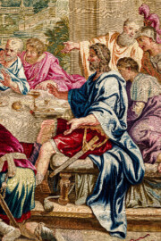 Schloss Bruchsal - Hauptbau / Corps de Logis - Von innen - Beletage - Thronsaal - Südwand, östliche Seite - Blick auf einen Ausschnitt der Tapisserie "Fest des Lykurg" aus der siebenteiligen Folge "Berühmte Männer nach Plutarch" (Inv.Nr. G 166; Höhe x Breite: 383 cm x 618 cm; entstanden um 1735/1745 in der Werkstatt von Daniel und Urban Leyniers und Hendrik Reydams in Brüssel; Entwürfe von Victor Honoré Janssens ; restauriert 1966 und nach 2007) (aufgenommen im Februar 2021, am Nachmittag) Schloss Bruchsal - Hauptbau / Corps de Logis - Von innen - Beletage - Thronsaal - Südwand, östliche Seite - Blick auf einen Ausschnitt der Tapisserie "Fest des Lykurg" aus der siebenteiligen Folge "Berühmte Männer nach Plutarch" (Inv.Nr. G 166; Höhe x Breite: 383 cm x 618 cm; entstanden um 1735/1745 in der Werkstatt von Daniel und Urban Leyniers und Hendrik Reydams in Brüssel; Entwürfe von Victor Honoré Janssens ; restauriert 1966 und nach 2007) (aufgenommen im Februar 2021, am Nachmittag)