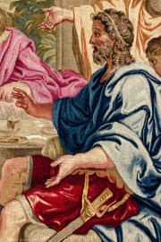 Schloss Bruchsal - Hauptbau / Corps de Logis - Von innen - Beletage - Thronsaal - Südwand, östliche Seite - Blick auf einen Ausschnitt der Tapisserie "Fest des Lykurg" aus der siebenteiligen Folge "Berühmte Männer nach Plutarch" (Inv.Nr. G 166; Höhe x Breite: 383 cm x 618 cm; entstanden um 1735/1745 in der Werkstatt von Daniel und Urban Leyniers und Hendrik Reydams in Brüssel; Entwürfe von Victor Honoré Janssens ; restauriert 1966 und nach 2007) (aufgenommen im Februar 2021, am Nachmittag) Schloss Bruchsal - Hauptbau / Corps de Logis - Von innen - Beletage - Thronsaal - Südwand, östliche Seite - Blick auf einen Ausschnitt der Tapisserie "Fest des Lykurg" aus der siebenteiligen Folge "Berühmte Männer nach Plutarch" (Inv.Nr. G 166; Höhe x Breite: 383 cm x 618 cm; entstanden um 1735/1745 in der Werkstatt von Daniel und Urban Leyniers und Hendrik Reydams in Brüssel; Entwürfe von Victor Honoré Janssens ; restauriert 1966 und nach 2007) (aufgenommen im Februar 2021, am Nachmittag)