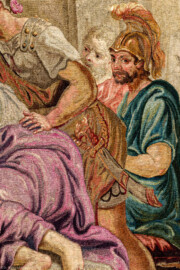 Schloss Bruchsal - Hauptbau / Corps de Logis - Von innen - Beletage - Thronsaal - Südwand, östliche Seite - Blick auf einen Ausschnitt der Tapisserie "Fest des Lykurg" aus der siebenteiligen Folge "Berühmte Männer nach Plutarch" (Inv.Nr. G 166; Höhe x Breite: 383 cm x 618 cm; entstanden um 1735/1745 in der Werkstatt von Daniel und Urban Leyniers und Hendrik Reydams in Brüssel; Entwürfe von Victor Honoré Janssens ; restauriert 1966 und nach 2007) (aufgenommen im Februar 2021, am Nachmittag) Schloss Bruchsal - Hauptbau / Corps de Logis - Von innen - Beletage - Thronsaal - Südwand, östliche Seite - Blick auf einen Ausschnitt der Tapisserie "Fest des Lykurg" aus der siebenteiligen Folge "Berühmte Männer nach Plutarch" (Inv.Nr. G 166; Höhe x Breite: 383 cm x 618 cm; entstanden um 1735/1745 in der Werkstatt von Daniel und Urban Leyniers und Hendrik Reydams in Brüssel; Entwürfe von Victor Honoré Janssens ; restauriert 1966 und nach 2007) (aufgenommen im Februar 2021, am Nachmittag)