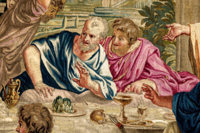 Schloss Bruchsal - Hauptbau / Corps de Logis - Von innen - Beletage - Thronsaal - Südwand, östliche Seite - Blick auf einen Ausschnitt der Tapisserie "Fest des Lykurg" aus der siebenteiligen Folge "Berühmte Männer nach Plutarch" (Inv.Nr. G 166; Höhe x Breite: 383 cm x 618 cm; entstanden um 1735/1745 in der Werkstatt von Daniel und Urban Leyniers und Hendrik Reydams in Brüssel; Entwürfe von Victor Honoré Janssens ; restauriert 1966 und nach 2007) (aufgenommen im Februar 2021, am Nachmittag) Schloss Bruchsal - Hauptbau / Corps de Logis - Von innen - Beletage - Thronsaal - Südwand, östliche Seite - Blick auf einen Ausschnitt der Tapisserie "Fest des Lykurg" aus der siebenteiligen Folge "Berühmte Männer nach Plutarch" (Inv.Nr. G 166; Höhe x Breite: 383 cm x 618 cm; entstanden um 1735/1745 in der Werkstatt von Daniel und Urban Leyniers und Hendrik Reydams in Brüssel; Entwürfe von Victor Honoré Janssens ; restauriert 1966 und nach 2007) (aufgenommen im Februar 2021, am Nachmittag)