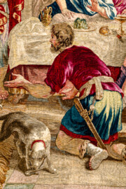 Schloss Bruchsal - Hauptbau / Corps de Logis - Von innen - Beletage - Thronsaal - Südwand, östliche Seite - Blick auf einen Ausschnitt der Tapisserie "Fest des Lykurg" aus der siebenteiligen Folge "Berühmte Männer nach Plutarch" (Inv.Nr. G 166; Höhe x Breite: 383 cm x 618 cm; entstanden um 1735/1745 in der Werkstatt von Daniel und Urban Leyniers und Hendrik Reydams in Brüssel; Entwürfe von Victor Honoré Janssens ; restauriert 1966 und nach 2007) (aufgenommen im Februar 2021, am Nachmittag) Schloss Bruchsal - Hauptbau / Corps de Logis - Von innen - Beletage - Thronsaal - Südwand, östliche Seite - Blick auf einen Ausschnitt der Tapisserie "Fest des Lykurg" aus der siebenteiligen Folge "Berühmte Männer nach Plutarch" (Inv.Nr. G 166; Höhe x Breite: 383 cm x 618 cm; entstanden um 1735/1745 in der Werkstatt von Daniel und Urban Leyniers und Hendrik Reydams in Brüssel; Entwürfe von Victor Honoré Janssens ; restauriert 1966 und nach 2007) (aufgenommen im Februar 2021, am Nachmittag)