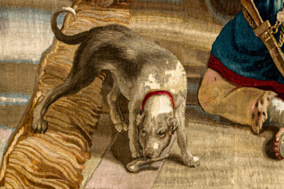 Schloss Bruchsal - Hauptbau / Corps de Logis - Von innen - Beletage - Thronsaal - Südwand, östliche Seite - Blick auf einen Ausschnitt der Tapisserie "Fest des Lykurg" aus der siebenteiligen Folge "Berühmte Männer nach Plutarch" (Inv.Nr. G 166; Höhe x Breite: 383 cm x 618 cm; entstanden um 1735/1745 in der Werkstatt von Daniel und Urban Leyniers und Hendrik Reydams in Brüssel; Entwürfe von Victor Honoré Janssens ; restauriert 1966 und nach 2007) (aufgenommen im Februar 2021, am Nachmittag) Schloss Bruchsal - Hauptbau / Corps de Logis - Von innen - Beletage - Thronsaal - Südwand, östliche Seite - Blick auf einen Ausschnitt der Tapisserie "Fest des Lykurg" aus der siebenteiligen Folge "Berühmte Männer nach Plutarch" (Inv.Nr. G 166; Höhe x Breite: 383 cm x 618 cm; entstanden um 1735/1745 in der Werkstatt von Daniel und Urban Leyniers und Hendrik Reydams in Brüssel; Entwürfe von Victor Honoré Janssens ; restauriert 1966 und nach 2007) (aufgenommen im Februar 2021, am Nachmittag)