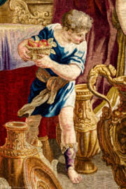 Schloss Bruchsal - Hauptbau / Corps de Logis - Von innen - Beletage - Thronsaal - Ostwand, südliche Seite - Blick auf einen Ausschnitt der Tapisserie "Fest des Lykurg" aus der siebenteiligen Folge "Berühmte Männer nach Plutarch" (Inv.Nr. G 166; Höhe x Breite: 383 cm x 618 cm; entstanden um 1735/1745 in der Werkstatt von Daniel und Urban Leyniers und Hendrik Reydams in Brüssel; Entwürfe von Victor Honoré Janssens ; restauriert 1966 und nach 2007) (aufgenommen im Februar 2021, am späten Vormittag) Schloss Bruchsal - Hauptbau / Corps de Logis - Von innen - Beletage - Thronsaal - Ostwand, südliche Seite - Blick auf einen Ausschnitt der Tapisserie "Fest des Lykurg" aus der siebenteiligen Folge "Berühmte Männer nach Plutarch" (Inv.Nr. G 166; Höhe x Breite: 383 cm x 618 cm; entstanden um 1735/1745 in der Werkstatt von Daniel und Urban Leyniers und Hendrik Reydams in Brüssel; Entwürfe von Victor Honoré Janssens ; restauriert 1966 und nach 2007) (aufgenommen im Februar 2021, am späten Vormittag)