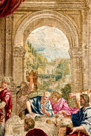 Schloss Bruchsal - Hauptbau / Corps de Logis - Von innen - Beletage - Thronsaal - Südwand, östliche Seite - Blick auf einen Ausschnitt der Tapisserie "Fest des Lykurg" aus der siebenteiligen Folge "Berühmte Männer nach Plutarch" (Inv.Nr. G 166; Höhe x Breite: 383 cm x 618 cm; entstanden um 1735/1745 in der Werkstatt von Daniel und Urban Leyniers und Hendrik Reydams in Brüssel; Entwürfe von Victor Honoré Janssens ; restauriert 1966 und nach 2007) (aufgenommen im Februar 2021, am frühen Nachmittag) Schloss Bruchsal - Hauptbau / Corps de Logis - Von innen - Beletage - Thronsaal - Südwand, östliche Seite - Blick auf einen Ausschnitt der Tapisserie "Fest des Lykurg" aus der siebenteiligen Folge "Berühmte Männer nach Plutarch" (Inv.Nr. G 166; Höhe x Breite: 383 cm x 618 cm; entstanden um 1735/1745 in der Werkstatt von Daniel und Urban Leyniers und Hendrik Reydams in Brüssel; Entwürfe von Victor Honoré Janssens ; restauriert 1966 und nach 2007) (aufgenommen im Februar 2021, am frühen Nachmittag)