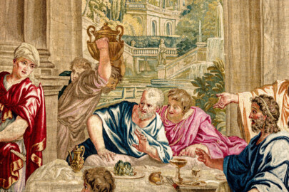 Schloss Bruchsal - Hauptbau / Corps de Logis - Von innen - Beletage - Thronsaal - Südwand, östliche Seite - Blick auf einen Ausschnitt der Tapisserie "Fest des Lykurg" aus der siebenteiligen Folge "Berühmte Männer nach Plutarch" (Inv.Nr. G 166; Höhe x Breite: 383 cm x 618 cm; entstanden um 1735/1745 in der Werkstatt von Daniel und Urban Leyniers und Hendrik Reydams in Brüssel; Entwürfe von Victor Honoré Janssens ; restauriert 1966 und nach 2007) (aufgenommen im Februar 2021, am frühen Nachmittag) Schloss Bruchsal - Hauptbau / Corps de Logis - Von innen - Beletage - Thronsaal - Südwand, östliche Seite - Blick auf einen Ausschnitt der Tapisserie "Fest des Lykurg" aus der siebenteiligen Folge "Berühmte Männer nach Plutarch" (Inv.Nr. G 166; Höhe x Breite: 383 cm x 618 cm; entstanden um 1735/1745 in der Werkstatt von Daniel und Urban Leyniers und Hendrik Reydams in Brüssel; Entwürfe von Victor Honoré Janssens ; restauriert 1966 und nach 2007) (aufgenommen im Februar 2021, am frühen Nachmittag)