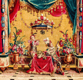 Schloss Bruchsal - Hauptbau / Corps de Logis - Von innen - Beletage - Jagdzimmer - Nördliche Wand, Westseite - Ausschnitt aus der Tapisserie "Musikanten" aus der "Groteskenserie" (Inv.Nr. G 104; Höhe x Breite: 335 cm x 205 cm; hergestellt in der Werkstatt von Philippe Behagle (Vater oder Sohn) in Beauvais zwischen 1685 und 1719; Entwürfe von Jean-Baptiste Monnoyer, Guy-Louis de Vernansal, Jean-Baptiste B(e)lin de Fontenay; restauriert 1960 und nach 2007) (aufgenommen im Februar 2021, am Nachmittag) Schloss Bruchsal - Hauptbau / Corps de Logis - Von innen - Beletage - Jagdzimmer - Nördliche Wand, Westseite - Ausschnitt aus der Tapisserie "Musikanten" aus der "Groteskenserie" (Inv.Nr. G 104; Höhe x Breite: 335 cm x 205 cm; hergestellt in der Werkstatt von Philippe Behagle (Vater oder Sohn) in Beauvais zwischen 1685 und 1719; Entwürfe von Jean-Baptiste Monnoyer, Guy-Louis de Vernansal, Jean-Baptiste B(e)lin de Fontenay; restauriert 1960 und nach 2007) (aufgenommen im Februar 2021, am Nachmittag)