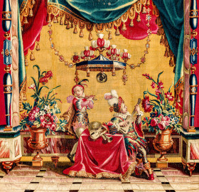 Schloss Bruchsal - Hauptbau / Corps de Logis - Von innen - Beletage - Jagdzimmer - Nördliche Wand, Westseite - Ausschnitt aus der Tapisserie "Musikanten" aus der "Groteskenserie" (Inv.Nr. G 104; Höhe x Breite: 335 cm x 205 cm; hergestellt in der Werkstatt von Philippe Behagle (Vater oder Sohn) in Beauvais zwischen 1685 und 1719; Entwürfe von Jean-Baptiste Monnoyer, Guy-Louis de Vernansal, Jean-Baptiste B(e)lin de Fontenay; restauriert 1960 und nach 2007) (aufgenommen im Februar 2021, am Nachmittag) Schloss Bruchsal - Hauptbau / Corps de Logis - Von innen - Beletage - Jagdzimmer - Nördliche Wand, Westseite - Ausschnitt aus der Tapisserie "Musikanten" aus der "Groteskenserie" (Inv.Nr. G 104; Höhe x Breite: 335 cm x 205 cm; hergestellt in der Werkstatt von Philippe Behagle (Vater oder Sohn) in Beauvais zwischen 1685 und 1719; Entwürfe von Jean-Baptiste Monnoyer, Guy-Louis de Vernansal, Jean-Baptiste B(e)lin de Fontenay; restauriert 1960 und nach 2007) (aufgenommen im Februar 2021, am Nachmittag)