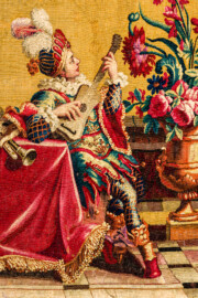 Schloss Bruchsal - Hauptbau / Corps de Logis - Von innen - Beletage - Jagdzimmer - Nördliche Wand, Westseite - Ausschnitt aus der Tapisserie "Musikanten" aus der "Groteskenserie" (Inv.Nr. G 104; Höhe x Breite: 335 cm x 205 cm; hergestellt in der Werkstatt von Philippe Behagle (Vater oder Sohn) in Beauvais zwischen 1685 und 1719; Entwürfe von Jean-Baptiste Monnoyer, Guy-Louis de Vernansal, Jean-Baptiste B(e)lin de Fontenay; restauriert 1960 und nach 2007) (aufgenommen im Februar 2021, am Nachmittag) Schloss Bruchsal - Hauptbau / Corps de Logis - Von innen - Beletage - Jagdzimmer - Nördliche Wand, Westseite - Ausschnitt aus der Tapisserie "Musikanten" aus der "Groteskenserie" (Inv.Nr. G 104; Höhe x Breite: 335 cm x 205 cm; hergestellt in der Werkstatt von Philippe Behagle (Vater oder Sohn) in Beauvais zwischen 1685 und 1719; Entwürfe von Jean-Baptiste Monnoyer, Guy-Louis de Vernansal, Jean-Baptiste B(e)lin de Fontenay; restauriert 1960 und nach 2007) (aufgenommen im Februar 2021, am Nachmittag)