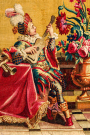 Schloss Bruchsal - Hauptbau / Corps de Logis - Von innen - Beletage - Jagdzimmer - Nördliche Wand, Westseite - Ausschnitt aus der Tapisserie "Musikanten" aus der "Groteskenserie" (Inv.Nr. G 104; Höhe x Breite: 335 cm x 205 cm; hergestellt in der Werkstatt von Philippe Behagle (Vater oder Sohn) in Beauvais zwischen 1685 und 1719; Entwürfe von Jean-Baptiste Monnoyer, Guy-Louis de Vernansal, Jean-Baptiste B(e)lin de Fontenay; restauriert 1960 und nach 2007) (aufgenommen im Februar 2021, am Nachmittag) Schloss Bruchsal - Hauptbau / Corps de Logis - Von innen - Beletage - Jagdzimmer - Nördliche Wand, Westseite - Ausschnitt aus der Tapisserie "Musikanten" aus der "Groteskenserie" (Inv.Nr. G 104; Höhe x Breite: 335 cm x 205 cm; hergestellt in der Werkstatt von Philippe Behagle (Vater oder Sohn) in Beauvais zwischen 1685 und 1719; Entwürfe von Jean-Baptiste Monnoyer, Guy-Louis de Vernansal, Jean-Baptiste B(e)lin de Fontenay; restauriert 1960 und nach 2007) (aufgenommen im Februar 2021, am Nachmittag)