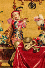 Schloss Bruchsal - Hauptbau / Corps de Logis - Von innen - Beletage - Jagdzimmer - Nördliche Wand, Westseite - Ausschnitt aus der Tapisserie "Musikanten" aus der "Groteskenserie" (Inv.Nr. G 104; Höhe x Breite: 335 cm x 205 cm; hergestellt in der Werkstatt von Philippe Behagle (Vater oder Sohn) in Beauvais zwischen 1685 und 1719; Entwürfe von Jean-Baptiste Monnoyer, Guy-Louis de Vernansal, Jean-Baptiste B(e)lin de Fontenay; restauriert 1960 und nach 2007) (aufgenommen im Februar 2021, am Nachmittag) Schloss Bruchsal - Hauptbau / Corps de Logis - Von innen - Beletage - Jagdzimmer - Nördliche Wand, Westseite - Ausschnitt aus der Tapisserie "Musikanten" aus der "Groteskenserie" (Inv.Nr. G 104; Höhe x Breite: 335 cm x 205 cm; hergestellt in der Werkstatt von Philippe Behagle (Vater oder Sohn) in Beauvais zwischen 1685 und 1719; Entwürfe von Jean-Baptiste Monnoyer, Guy-Louis de Vernansal, Jean-Baptiste B(e)lin de Fontenay; restauriert 1960 und nach 2007) (aufgenommen im Februar 2021, am Nachmittag)