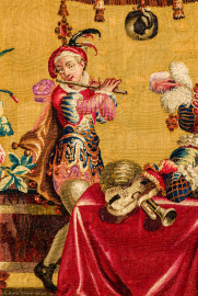 Schloss Bruchsal - Hauptbau / Corps de Logis - Von innen - Beletage - Jagdzimmer - Nördliche Wand, Westseite - Ausschnitt aus der Tapisserie "Musikanten" aus der "Groteskenserie" (Inv.Nr. G 104; Höhe x Breite: 335 cm x 205 cm; hergestellt in der Werkstatt von Philippe Behagle (Vater oder Sohn) in Beauvais zwischen 1685 und 1719; Entwürfe von Jean-Baptiste Monnoyer, Guy-Louis de Vernansal, Jean-Baptiste B(e)lin de Fontenay; restauriert 1960 und nach 2007) (aufgenommen im Februar 2021, am Nachmittag) Schloss Bruchsal - Hauptbau / Corps de Logis - Von innen - Beletage - Jagdzimmer - Nördliche Wand, Westseite - Ausschnitt aus der Tapisserie "Musikanten" aus der "Groteskenserie" (Inv.Nr. G 104; Höhe x Breite: 335 cm x 205 cm; hergestellt in der Werkstatt von Philippe Behagle (Vater oder Sohn) in Beauvais zwischen 1685 und 1719; Entwürfe von Jean-Baptiste Monnoyer, Guy-Louis de Vernansal, Jean-Baptiste B(e)lin de Fontenay; restauriert 1960 und nach 2007) (aufgenommen im Februar 2021, am Nachmittag)