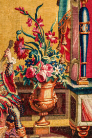 Schloss Bruchsal - Hauptbau / Corps de Logis - Von innen - Beletage - Jagdzimmer - Nördliche Wand, Westseite - Ausschnitt aus der Tapisserie "Musikanten" aus der "Groteskenserie" (Inv.Nr. G 104; Höhe x Breite: 335 cm x 205 cm; hergestellt in der Werkstatt von Philippe Behagle (Vater oder Sohn) in Beauvais zwischen 1685 und 1719; Entwürfe von Jean-Baptiste Monnoyer, Guy-Louis de Vernansal, Jean-Baptiste B(e)lin de Fontenay; restauriert 1960 und nach 2007) (aufgenommen im Februar 2021, am Nachmittag) Schloss Bruchsal - Hauptbau / Corps de Logis - Von innen - Beletage - Jagdzimmer - Nördliche Wand, Westseite - Ausschnitt aus der Tapisserie "Musikanten" aus der "Groteskenserie" (Inv.Nr. G 104; Höhe x Breite: 335 cm x 205 cm; hergestellt in der Werkstatt von Philippe Behagle (Vater oder Sohn) in Beauvais zwischen 1685 und 1719; Entwürfe von Jean-Baptiste Monnoyer, Guy-Louis de Vernansal, Jean-Baptiste B(e)lin de Fontenay; restauriert 1960 und nach 2007) (aufgenommen im Februar 2021, am Nachmittag)