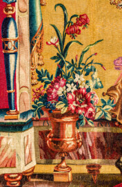 Schloss Bruchsal - Hauptbau / Corps de Logis - Von innen - Beletage - Jagdzimmer - Nördliche Wand, Westseite - Ausschnitt aus der Tapisserie "Musikanten" aus der "Groteskenserie" (Inv.Nr. G 104; Höhe x Breite: 335 cm x 205 cm; hergestellt in der Werkstatt von Philippe Behagle (Vater oder Sohn) in Beauvais zwischen 1685 und 1719; Entwürfe von Jean-Baptiste Monnoyer, Guy-Louis de Vernansal, Jean-Baptiste B(e)lin de Fontenay; restauriert 1960 und nach 2007) (aufgenommen im Februar 2021, am Nachmittag) Schloss Bruchsal - Hauptbau / Corps de Logis - Von innen - Beletage - Jagdzimmer - Nördliche Wand, Westseite - Ausschnitt aus der Tapisserie "Musikanten" aus der "Groteskenserie" (Inv.Nr. G 104; Höhe x Breite: 335 cm x 205 cm; hergestellt in der Werkstatt von Philippe Behagle (Vater oder Sohn) in Beauvais zwischen 1685 und 1719; Entwürfe von Jean-Baptiste Monnoyer, Guy-Louis de Vernansal, Jean-Baptiste B(e)lin de Fontenay; restauriert 1960 und nach 2007) (aufgenommen im Februar 2021, am Nachmittag)